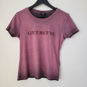 GUESS WOMEN'S SHORT SLEEVE OMBRE PURPLE BLACK  LOGO TEE SIZE MEDIUM
